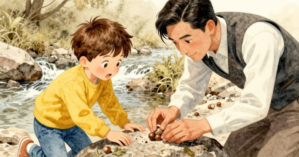 雷米蹲在平滑石頭旁,仔細揭開隱藏的橡果蓋,手部動作溫柔,展現與大自然的連結。