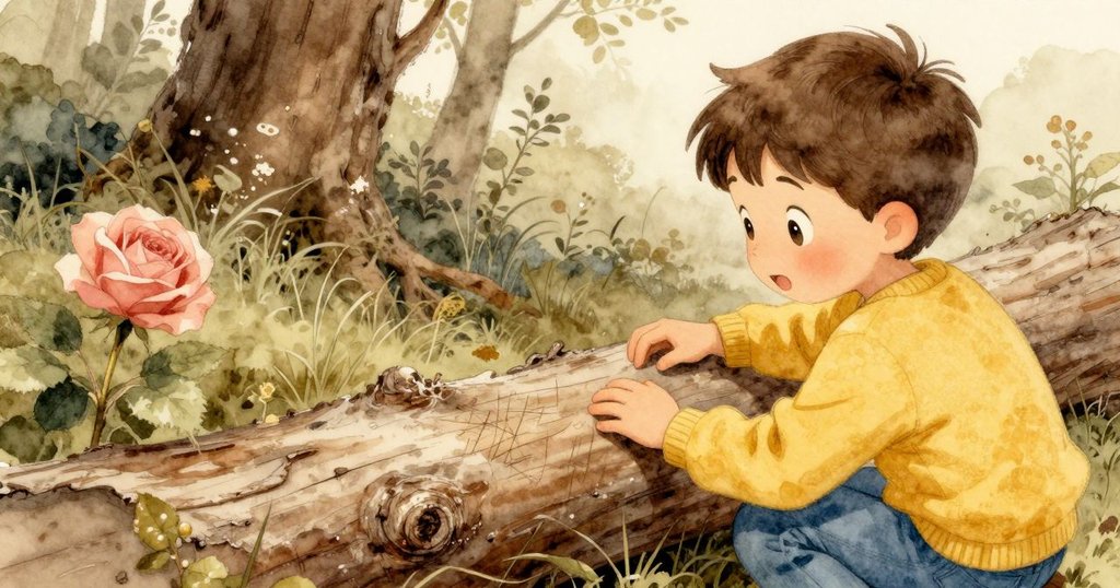 從雷米背後看,他凝視著刻有細微劃痕的倒木,微風吹動樹葉,流露出好奇與寧靜。