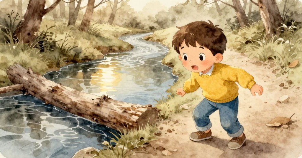 從高處俯視,雷米沿著蜿蜒小徑行走,倒木與流動水面上泛起溫柔晨光,傳遞寧靜氛圍。