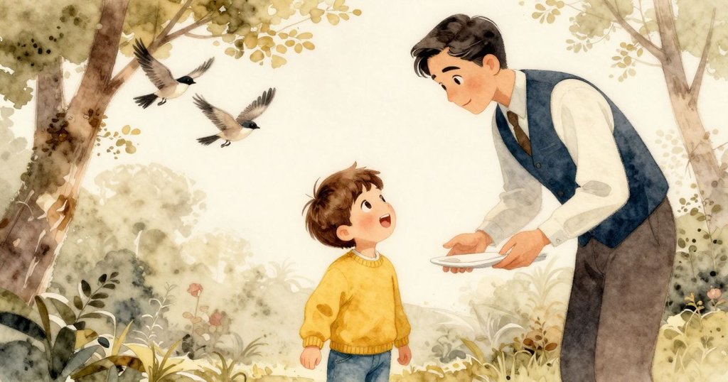 雷米與一位溫柔的服務生在樹下觀看飛舞的鳥兒,彼此對話中展現出好奇與寧靜。