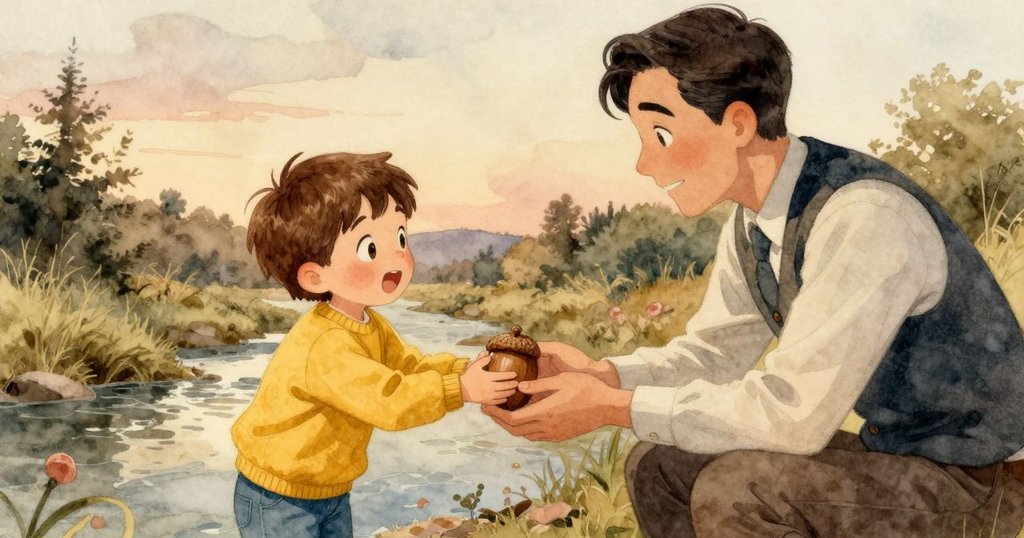 傍晚時分,雷米將發現的小橡果蓋送給服務生,兩人透過這溫柔的贈禮傳遞著對家的思念與感激。