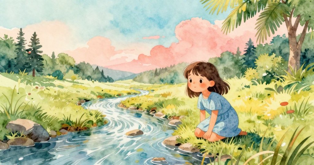 Zelma在溪邊輕輕俯身，注視流水，神情寧靜而期待，清晨暖陽灑落在青翠的河岸上，環境寧靜。
