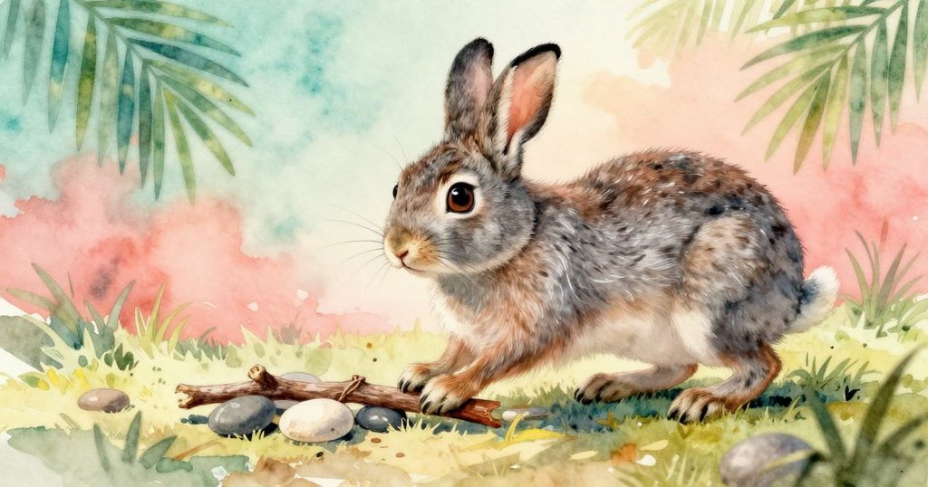 在石質溪邊，兔子爪上緊壓著光滑鵝卵石，旁邊有一根分叉的木棍，陽光斑駁照耀出細膩質感。