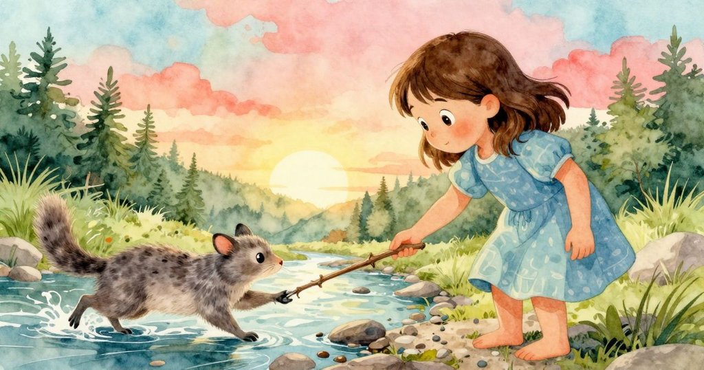 Zelma伸出手，用分叉木棍輕輕撬動鵝卵石，兔子專注注視，鏡頭角度傾斜，充滿期待與細膩互動。