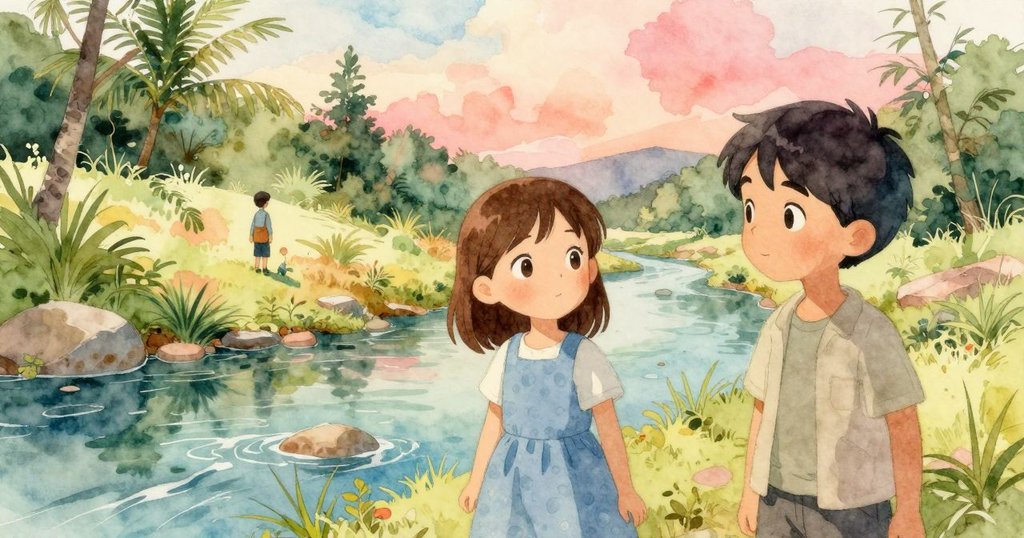 寬闊溪流邊，Zelma操作木棍，對岸的大人靜靜觀望，自然光線隨時間變換，場景寬敞。