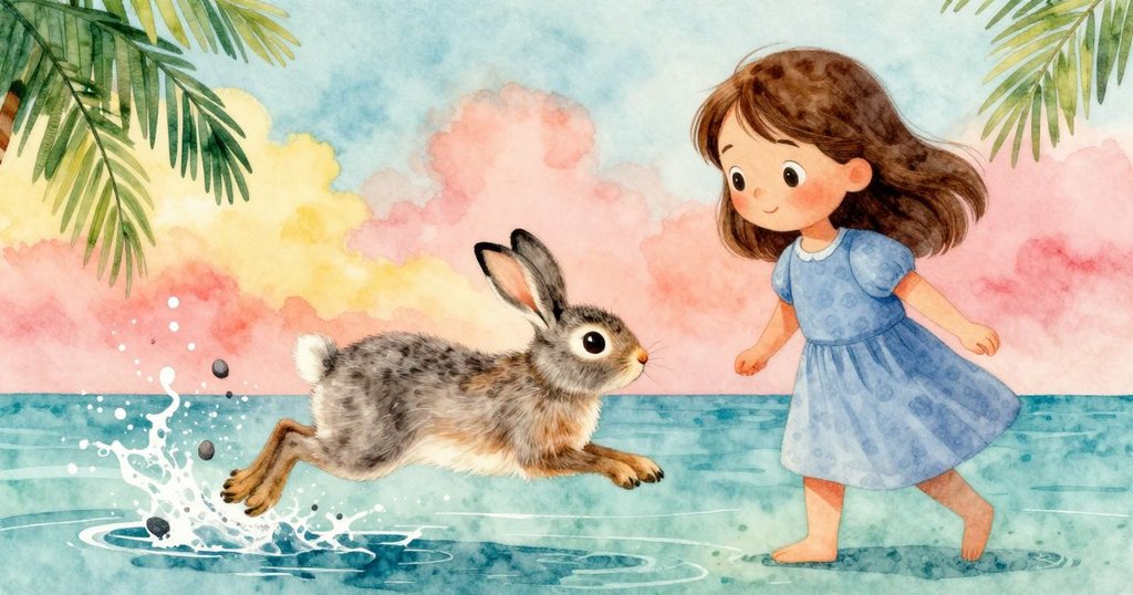 年輕兔子躍起，鵝卵石從爪中滑落，Zelma驚喜注視，水花四濺，活力四射，場景急速動感。