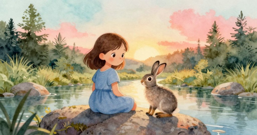 Zelma與兔子坐於光滑岩石上，共享寧靜時光，微小水花輕輕蕩漾，夕陽柔光映照整個平和場景。