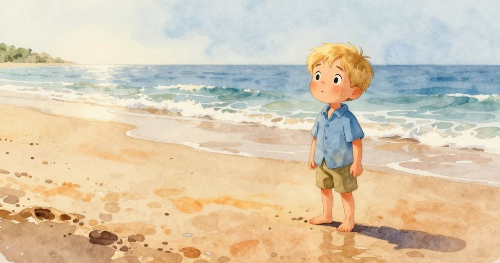 在陽光明媚的海灘上，Fletcher站在濕潤的沙灘上，展開充滿期待的探險旅程，背景有碧藍海浪和廣闊天空