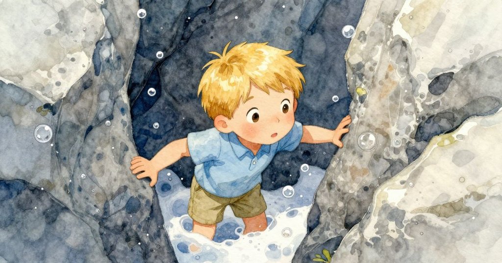 從高角度俯視，Fletcher俯身凝視岩縫中冒出的泡沫和涼風，表現出他濃厚的好奇心和探險精神