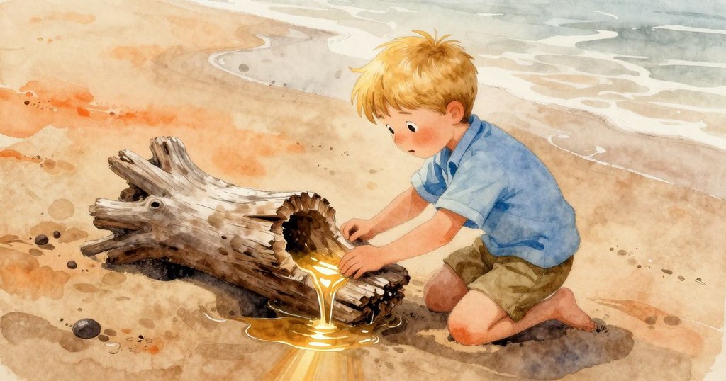 Fletcher注視著中空的流木，內部浮現出薄薄油光，背景呈現濕沙與局部乾燥沙漠交織的獨特景象