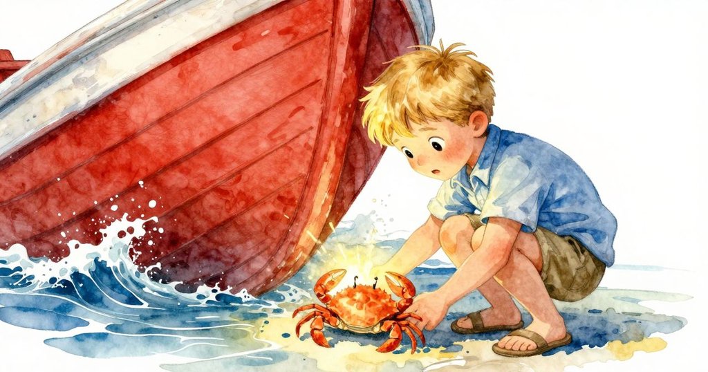 Fletcher蹲在傾斜的小船旁，仔細搜尋下方，發現一顆在波浪輕推下閃爍紅光的明亮螃蟹殼，充滿探索熱情