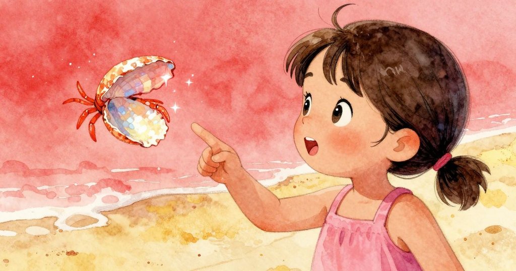 Nina充滿驚奇表情地指向翻轉閃爍的螃蟹殼，紅光閃爍中展現魔法般的轉變，海灘背景增添神秘氣息