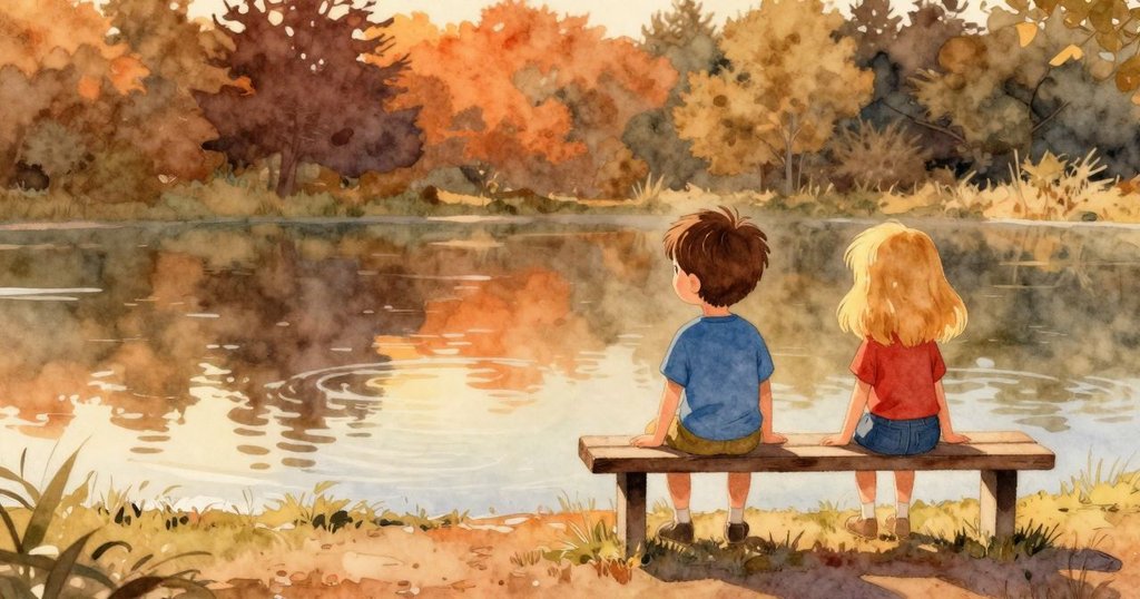 尼勒斯坐在木椅上看池塘漣漪，金黃色陽光映照，背景溫暖明亮，充滿平靜期待