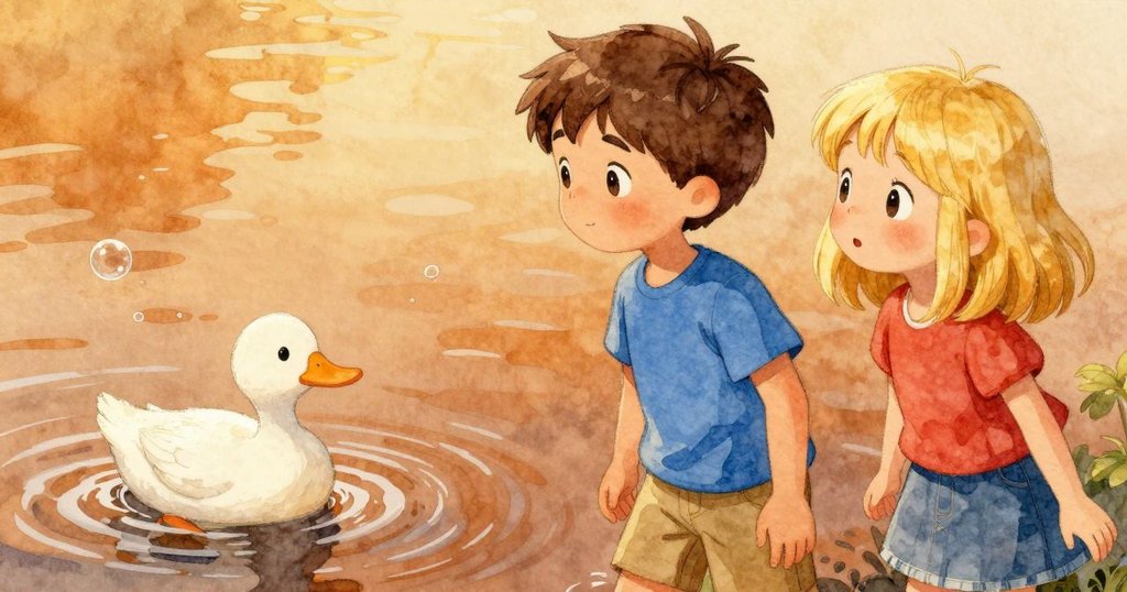 鴨子在池面邊振翅，水中漣漪和泡沫在金光中閃爍，細節豐富呈現自然趣味