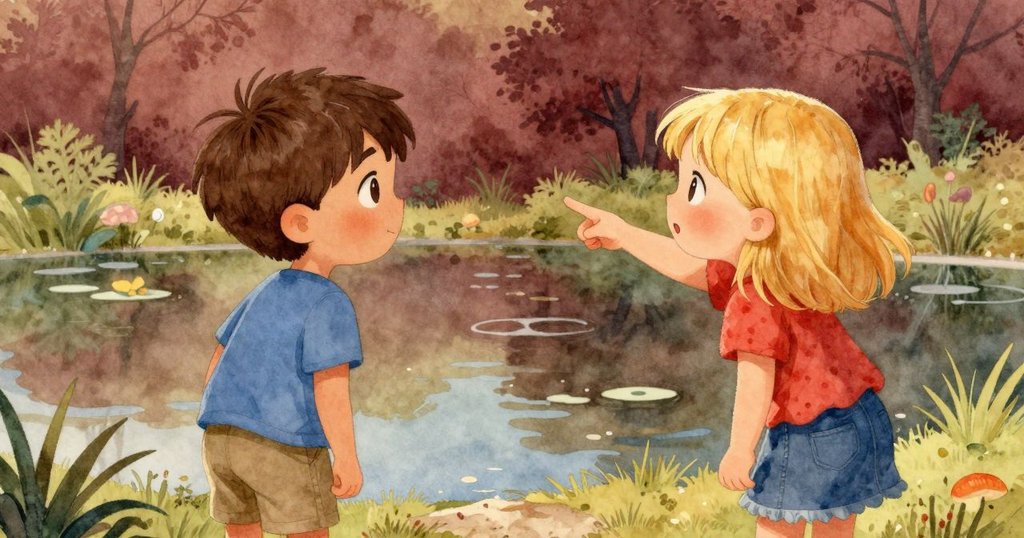 從後方看見尼勒斯望向閃動的池塘，艾瑪興奮指向樹籬旁暗藏的小細節，充滿探險情懷