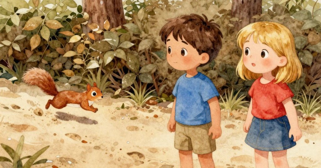 小松鼠從濃密樹籬中迅速穿梭，沙地上留下一串爪印，尼勒斯靜靜觀察，畫面充滿隱秘趣味