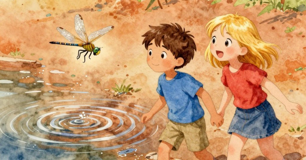 蜻蜓迅速掠過池塘上方，銀翼在陽光下閃耀，池水隨動勢起漣漪，畫面充滿活力