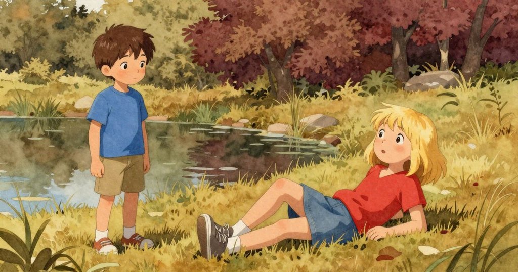 艾瑪在池塘邊草地上安坐休憩，微風徐來，遠處暴風雲隱約浮現，呈現寧靜收尾