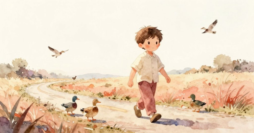 成人在鄉間道路上行走，周圍有鴨子和鳥群，羽毛在空中緩緩飄落，神情溫和