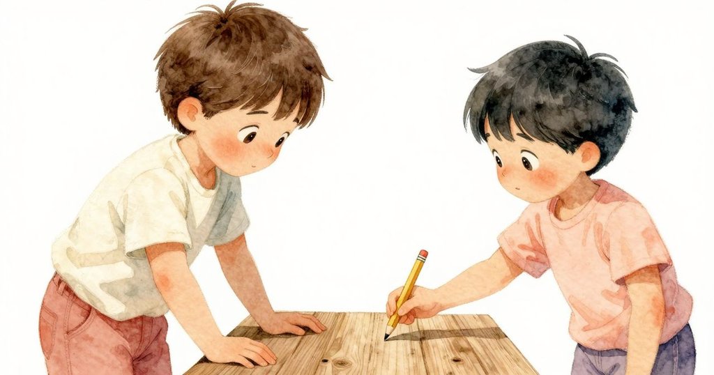 成人伸手拾起擱在木板上的黃色鉛筆，細節清晰，木紋和光影細膩，呈現發黃感