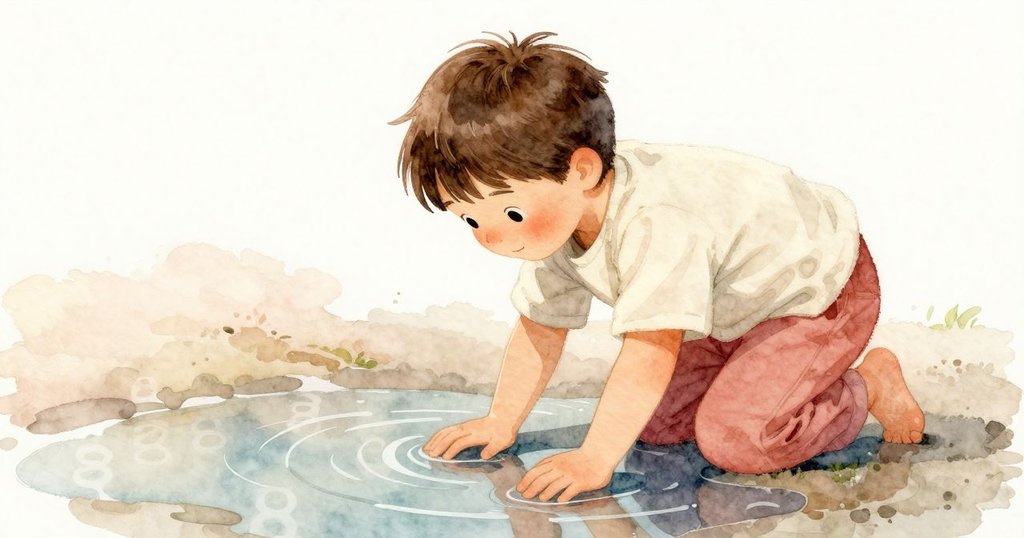 成人俯身觀察水面，木製尺子的倒影模糊，溫暖光影中反映出漸變之美