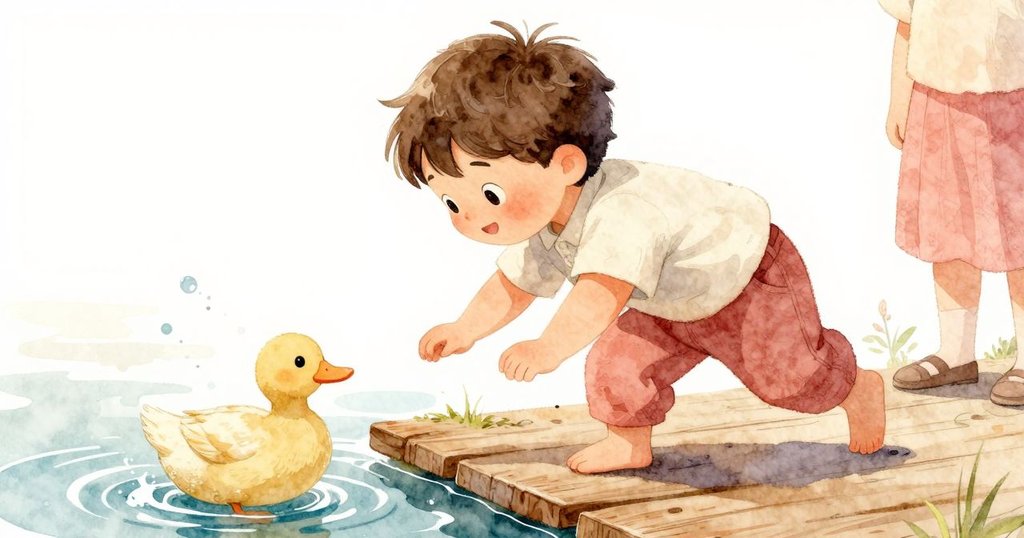 鴨子濺起水花撞擊木板，成人在背景中滿懷好奇地觀察這生動互動，陽光明媚