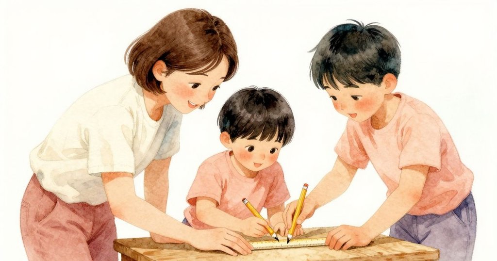 成人與小孩親密交流，指著木板上漸淡的黃色鉛筆與尺子，彼此神情專注，互動溫馨