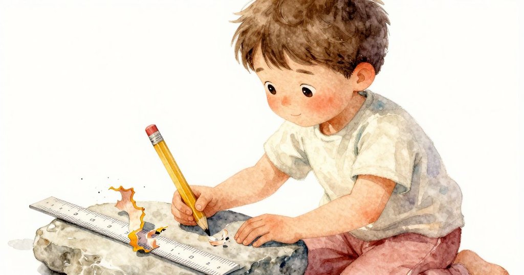 成人凝視著木上近乎褪色的黃色鉛筆、微彎的尺子和捲曲的削屑，象徵時光流轉與變化的寓意