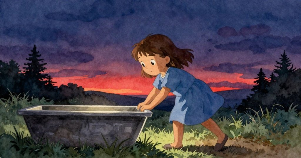 貝亞在晨曦中走向泥坑，陽光點綴濕潤泥土，展現充滿生機與溫暖的故事開始