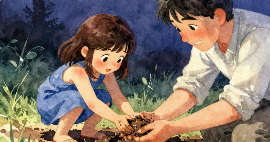 貝亞的手近距離舀取柔軟涼爽的泥土，細緻展現泥土質感與探索的快樂