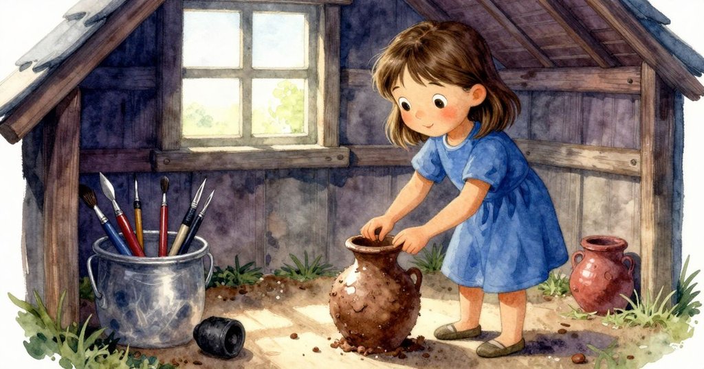 在溫馨小棚室內，貝亞用短木棒和刷子精心塑造泥杯，周圍塵埃及鬆散草葉呈現專注創作的情景