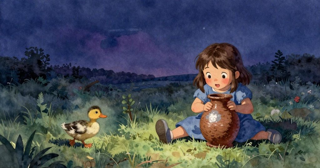 日暮中，貝亞安靜地凝望著完成的泥杯，溫柔暮光輕覆大地，小鴨子慢步遠去，呈現寧靜結局