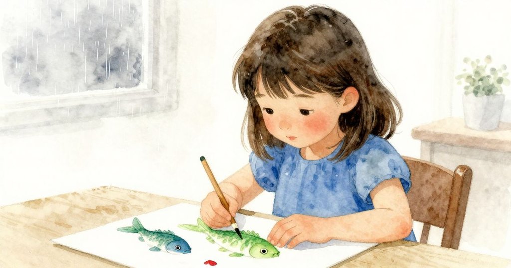 卡蒂亞坐在桌前，仔細觀察桌上鮮綠卻逐漸褪色的油彩魚，室內溫柔光線營造靜謐氛圍