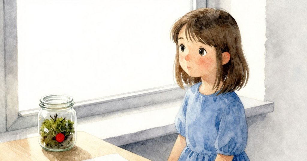 從窗邊高角度俯瞰室內，卡蒂亞凝視著裝有乾燥苔蘚的小罐子，雨後氛圍靜謐且沉思