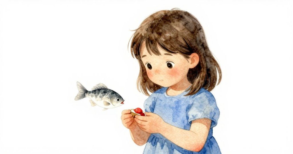 卡蒂亞面露緊張，注視著逐漸變淡的油彩魚與桌上未打開點心，氛圍充滿靜謐張力