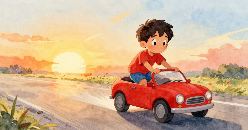 巴西爾在晨曦中活力邁步，試圖抓住前進的紅色小車，柔和陽光照耀街區，場景充滿溫暖與期待