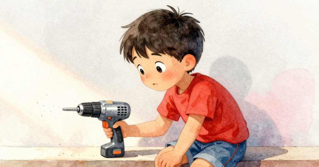 巴西爾凝視低架上橫放的玩具電鑽，微光中塵埃飄浮，展現出細膩好奇的探索情緒