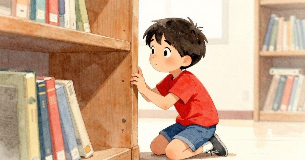 左側巴西爾仔細檢視擺滿物品的低架，右側他跪下探視細縫中的塵埃，畫面分割呈現探索過程