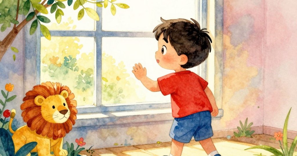 巴西爾走近明亮窗戶，室內光線逐漸過渡到戶外庭院，窗邊有塑料獅子和鮮花，展露期待神情