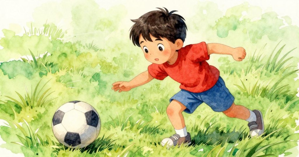 巴西爾在綠草地上驚喜觀看滾動的圓球，輕風驅動球體前進，動態場景充滿活力