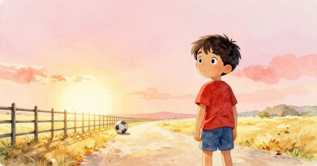 巴西爾站在圍欄旁，面向開闊庭院，圓球安靜地躺在旁邊，神情充滿希望與新冒險的期待