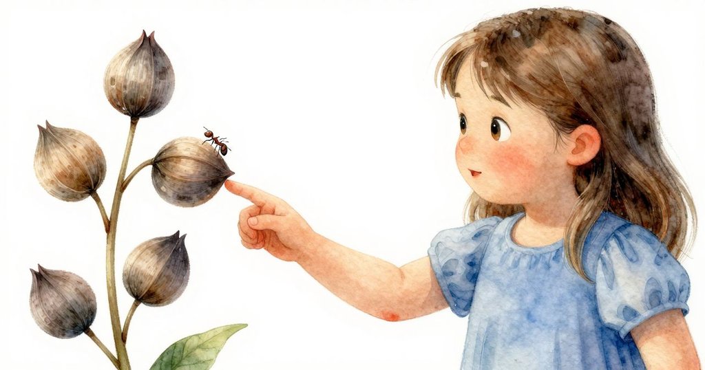 萊娜的手伸向輕拍她手肘的種子莢，一隻小螞蟻沿著膝部爬行，近距離捕捉自然細節