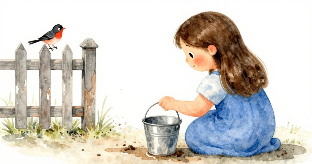 從萊娜肩後視角觀察金屬水桶、泥濘水坑及斑駁圍欄，遠處鳥鳴響起，展現大自然豐富景致