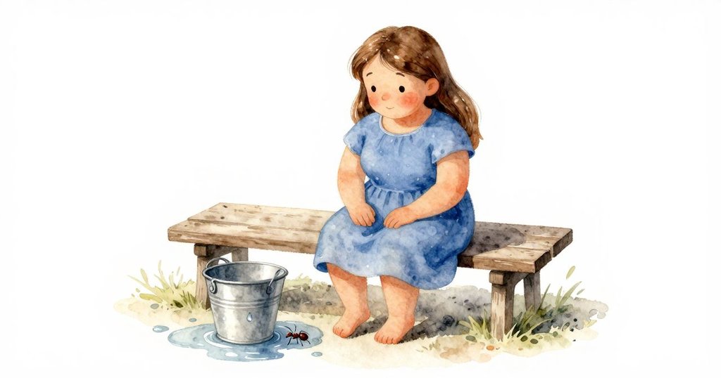 從高處俯瞰整個場景，萊娜坐於長椅上，金屬水桶、縮小水坑、滴水及螞蟻點綴畫面，展現清晨生動畫面