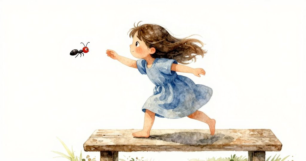 萊娜因好奇小螞蟻而離開長椅輕快追逐，動感中展現清晨自然生命律動，充滿探索情感