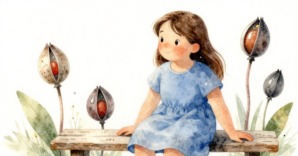 萊娜靜坐回到長椅上，沉思中感受種子莢、露珠、樹葉與花粉交織的生命循環，展現內心寧靜與自在