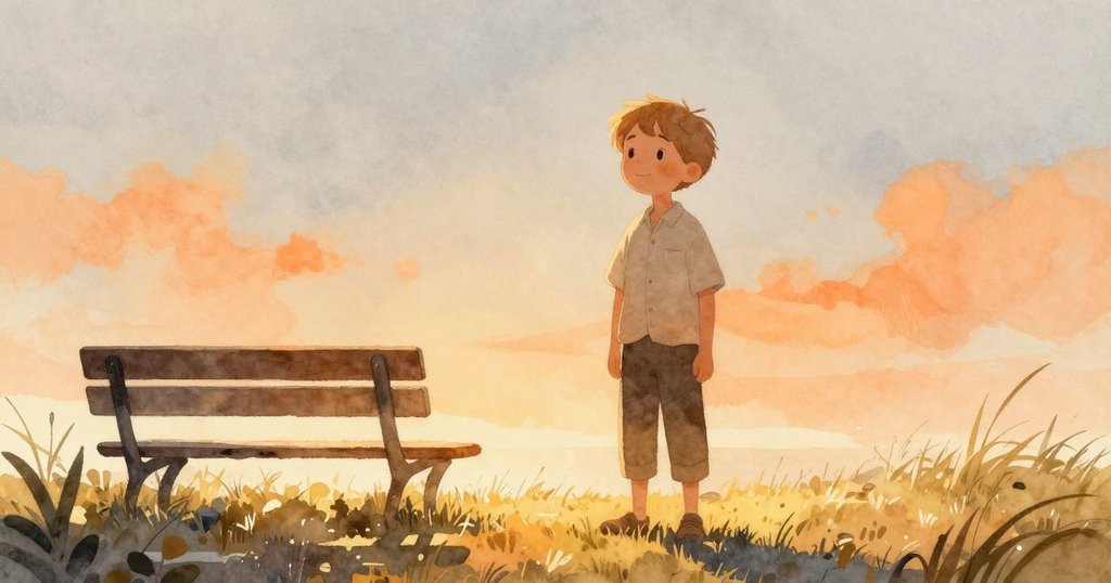 布里奇在濕潤草地上站立，身影於晨光中呈現清晰輪廓，背景中有滴水的長椅，展現寧靜早晨的氛圍。