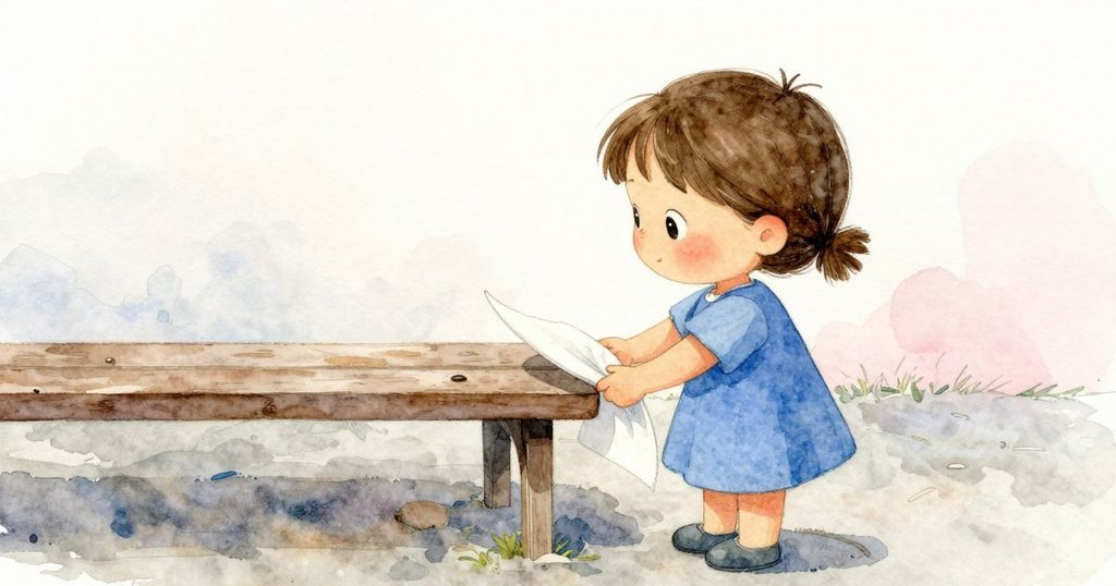 歐娜在濕潤的草地旁輕輕翻閱書頁，腳步印著晨露，背景中帶有靜謐長椅，展現探索的溫柔心情。