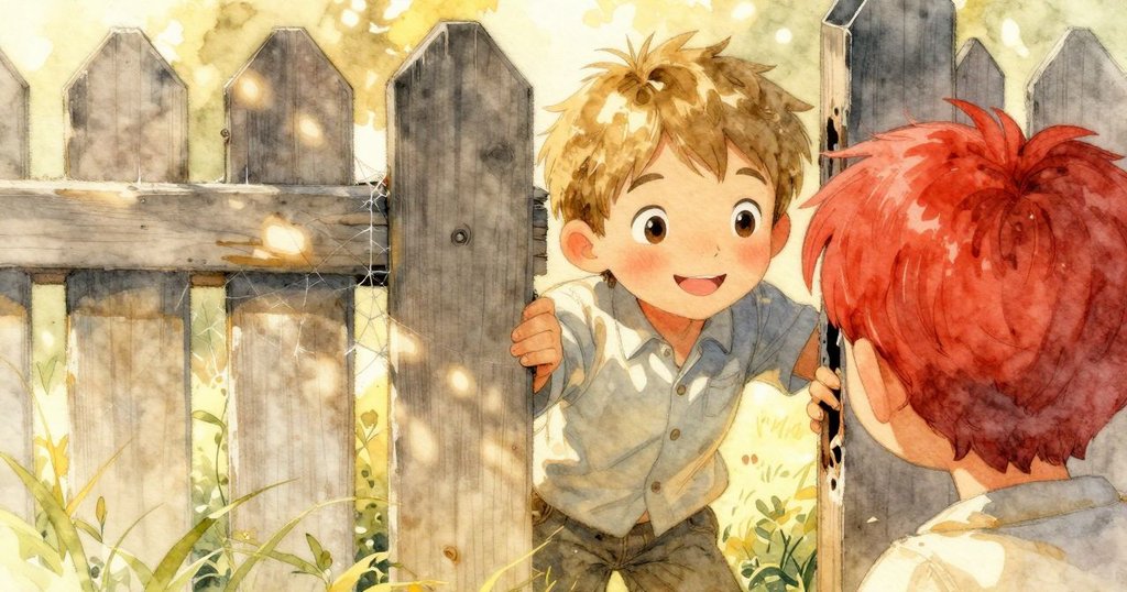 布里奇從後方仔細觀察籬笆上小孔，透過閃亮蜘蛛網看世界，充滿好奇心與柔和晨光的自然情景。