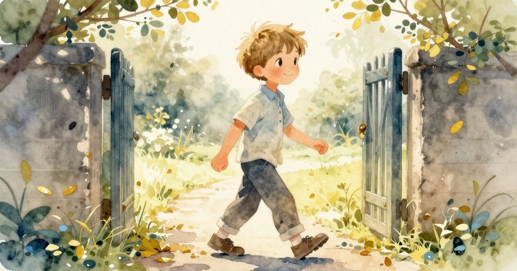 布里奇沿著曲折小徑走向花園大門，鞋上沾滿濕葉，晨光映照下呈現出自然生動的步伐。